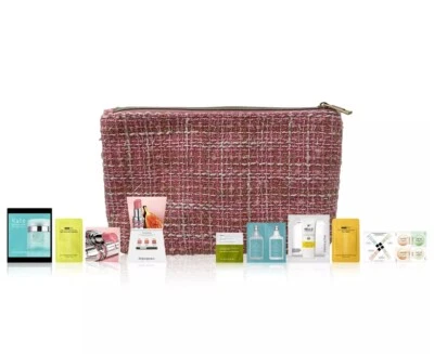 MACYS Macy's 9 Pcs Deluxe Samples Gift Set Pink/Gold Tweed Bag
