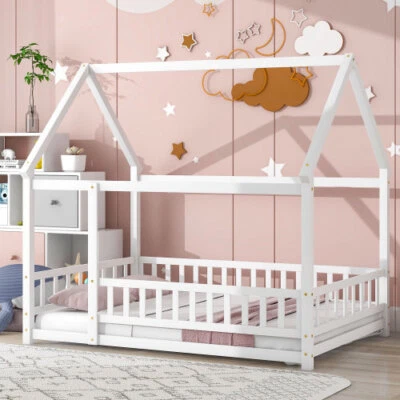 Wooden House Bed with Fence-Shaped Guardrail Montessori Bed Frame for Boys Girls - Image 1 of 4