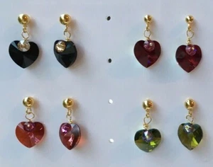 Glass Crystal Heart Earrings with Gold Plated Sterling Silver Posts - Picture 1 of 11