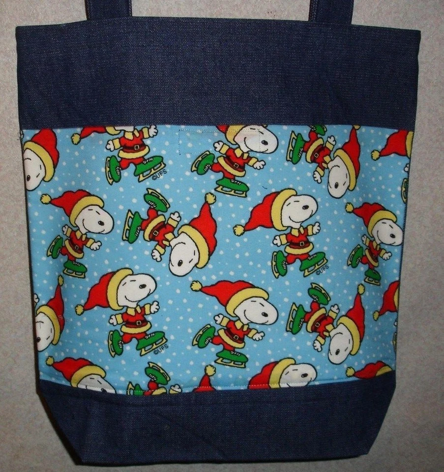 NEW Large Denim Tote Bag Handmade/w Snoopy Christmas Ice Skating Fabric - Image 1 of 1