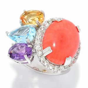 Mehers Jewelry 16x12mm Coral & Multi Gemstone Halo Sterling Silver Ring Sz 6 & 9 - Picture 1 of 5