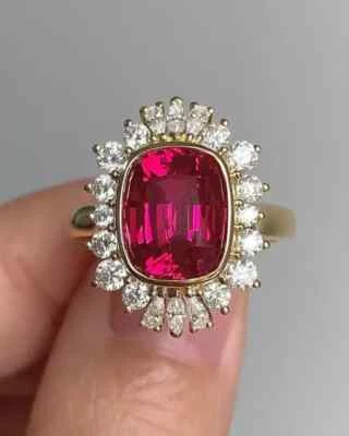 2.20Ct Cushion Cut Lab-Created Ruby Halo Engagement Ring 14K Yellow Gold Plated - Image 1 of 4