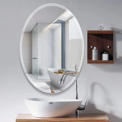 Modern Large Oval Bathroom Vanity Mirror Frameless Wall Mirror Self Adhesive - Image 1 of 4