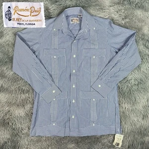 NEU Ramon Puig blau weiß gestreift Baumwollmischung Guayabera Knopf LS Hemd Small - Bild 1 von 15