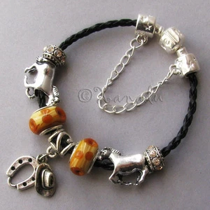 All The Pretty Horses Black Leather Taupe Brown European Style Charm Bracelet - Picture 1 of 10