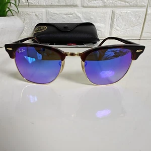 Ray-Ban RB3016 Clubmaster 990/7Q 51-21 3N Flash Blue Mirror Havana Gold Brown - Picture 1 of 24