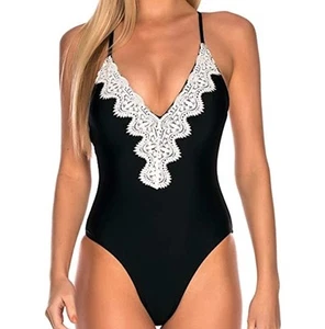 Traje de baño Relleciga de una pieza para mujer L negro encaje cuello profundo tanga nuevo con etiquetas $119 - Imagen 1 de 10