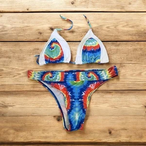 Swimsuit Bikini Top Bottoms Blue Tie Dye Triangle Top Ties Beach Pool L/XL New - Picture 1 of 17