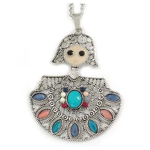 Multicoloured Beaded Doll Pendant with Long Chain In Silver Tone - 70cm L/ 5cm - Picture 1 of 6