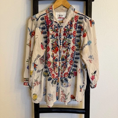 Johnny Was Britain Embroidered Floral Chiffon Blouse Women Beige Multi Color - Image 1 of 4