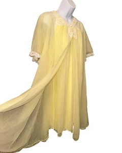 Vintage Peignoir Set Zitrone Babydoll transparent Chiffon Negligee Dessous Nachthemd - Bild 1 von 10