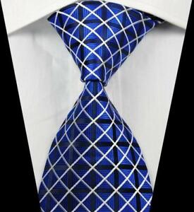 Hot Fashion Plaid Check Blue White JACQUARD WOVEN 100% Silk Men's Tie Necktie