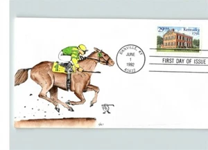 Hand Painted HORSE RACING pic on 1992 KENTUCKY First Day of Issue - Picture 1 of 1