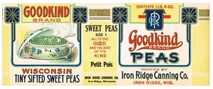 C1920S CAN LABEL VINTAGE GOODKIND PEAS IRON RIDGE WISCONSIN ART NOUVEAU MOTIF - Picture 1 of 1
