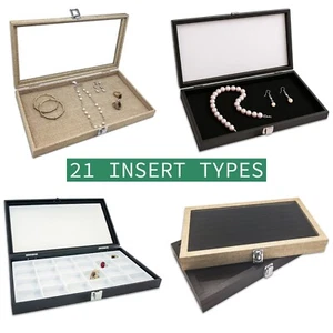 Wooden Jewelry Display Case Organizer Glass Lid Pad/Divider Insert Black/Burlap - Picture 1 of 26