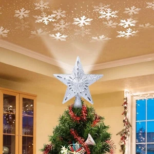 Silver 3D Hollow Lighted Star Christmas Tree Topper with Snowflake Projector - Picture 1 of 7