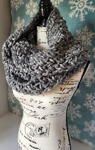 Handmade Chunky Crochet Infinity scarf, Double Wrap Cowl, Dark Gray & White - Picture 1 of 7