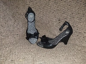 MEL-MELISSA-Apple Ribbon-Black Ankle Wrap Bow Wedges-Sz 8-Near Mint - Picture 1 of 8