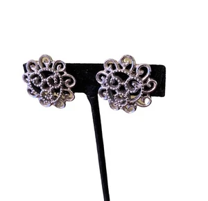 Vintage Estate Floral Sarah Coventry Filigree Silver Tone Clip Earrings - Picture 1 of 5