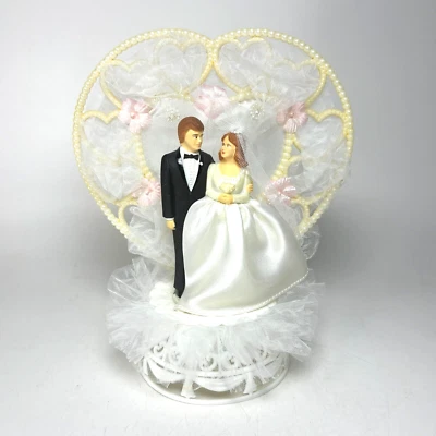 Novia novio boda pastel adorno blanco rosa corazón tul de colección 1980 costa novedad Foto 1 de 4