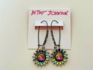  Betsey Johnson Hematite Multi Stone Flower Dangle Drop Earrings Blue Retail $42