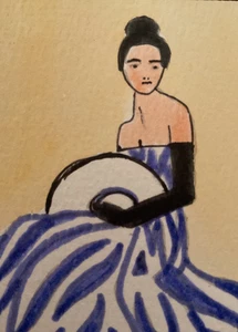 ACEO Aquarellkunst von PJ, Kunstkarte 2,5 x 3,5: Dame im gestreiften Kleid - Bild 1 von 2