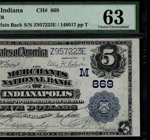 1902 $5 The Merchants NB of Indianapolis Indiana Ch#869 PMG 63 Fr.598 (DAX) - Picture 1 of 4