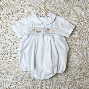 Vintage 1980er Rosey Kinder Baby Junge 0-3 Monate gesmokt Arche Noah Blase Strampler - Bild 1 von 5