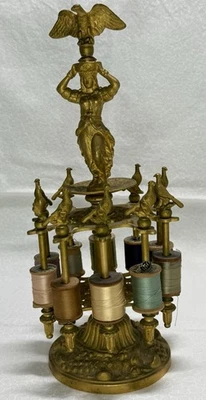 ANTIQUE VICTORIAN BRASS THREAD ￼SPOOL HOLDER 10 SPOOLS BIRDS - Image 1 of 4