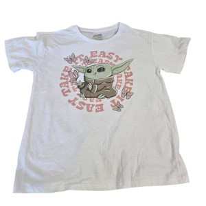 Star Wars Girls Top White XL Crew Neck  Baby Yoda Grogu Take It Easy Graphic Tee - Picture 1 of 7