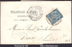 FRANCE N° 90 AVEC PERFORATION PF PIGANEAU ET FILS + CAD BORDEAUX DU 27/06/1895 - Picture 1 of 2