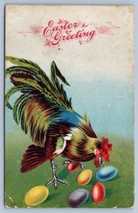 Postcard Easter Rooster  Pecking Colored Eggs Embossed - Picture 1 of 2