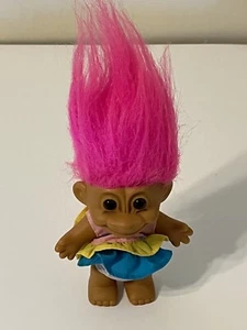 Russ Troll Doll Vintge Pink Hair Brown Eyes Pastel Multicolor Dress Cute! 4" - Picture 1 of 3