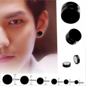 US Black Round Magnetic Clip On Ear Stud Earrings No Piercing Mens Women Goth - Picture 1 of 5
