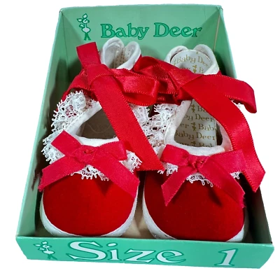 Baby Deer Vintage Baby Shoes Size 1 Red Velvet Ribbon Lace Holiday Includes box - Image 1 of 4