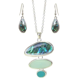 Sea Glass and Abalone Pendant Necklace and Earrings Silver - Picture 1 of 12