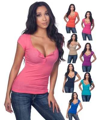 Color Story Sexy Casual Cleavage Ribbed Henley Rhinestone Capsleeve Top - Image 1 of 2