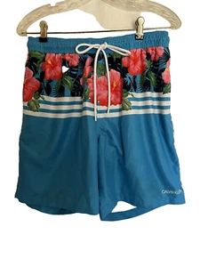 Calvin Klein Mens Swimwear Sz Medium Regular Blue Floral Stripe Elastic Waist - Picture 1 of 13
