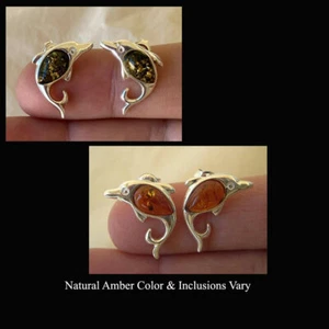 BALTIC HONEY or GREEN AMBER & STERLING SILVER DOLPHIN STUD EARRINGS - Picture 1 of 5