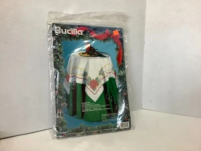 NIP 1994 Bucilla Tablecloth Poinsettia Stamped Cross-Stitch Table Topper #83161 - Image 1 of 3