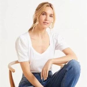 SUNDRY White Puff Sleeve Sweetheart Top Shirt Pima Cotton Knit Pullover 1 Small - Picture 1 of 15