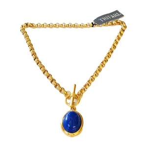 Trifari Gold Plated Egyptian Revival Blue Scarab Pendant Rare Necklace - Picture 1 of 9