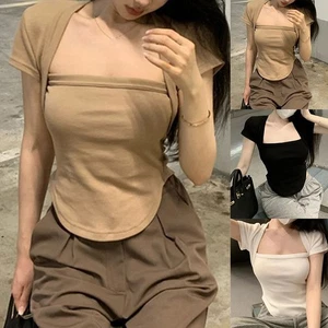 Summer Casual Women Slim Fit Top Short Sleeve Square Collar for Daily Wear - Picture 1 of 32