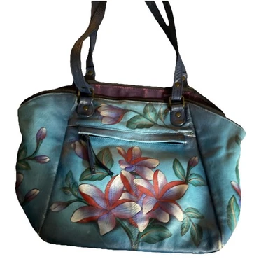 Bolsa de mão de couro genuíno Anuschka pintada à mão azul água floral  - Imagem 1 de 4