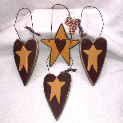 4 adornos de madera para decoración de campo estrellas primitivas corazones rústico amarillo rojo arte popular Foto 1 de 4