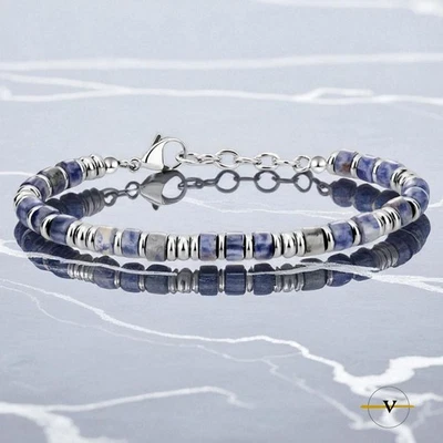 BRACCIALE UOMO DONNA ACCIAIO INOSSIDABILE E LAPISLAZZULI PIETRE DURE NATURALI - Immagine 1 di 4