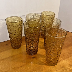 (6) Vintage Anchor Hocking Lido Milano Amber/Gold Tumbler Drinking Crinkle Glass - Picture 1 of 6