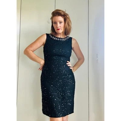 Vintage 90s Silk Beaded Dress Size Medium Little Black dress Holiday Looks - Image 1 of 4