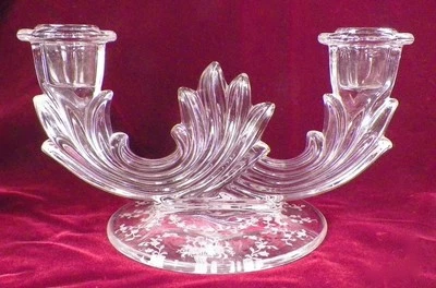 Fostoria Mayflower Candlestick Etched Candle Holder Elegant Glass 2 Lite Vintage - Image 1 of 4
