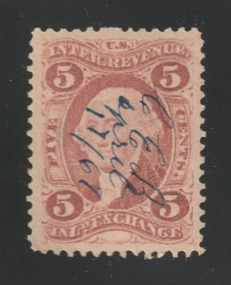 Scott # R27c, Used, VF-XF, 5¢ Inland Exchange, Blue Manuscript Cancel - Image 1 of 2